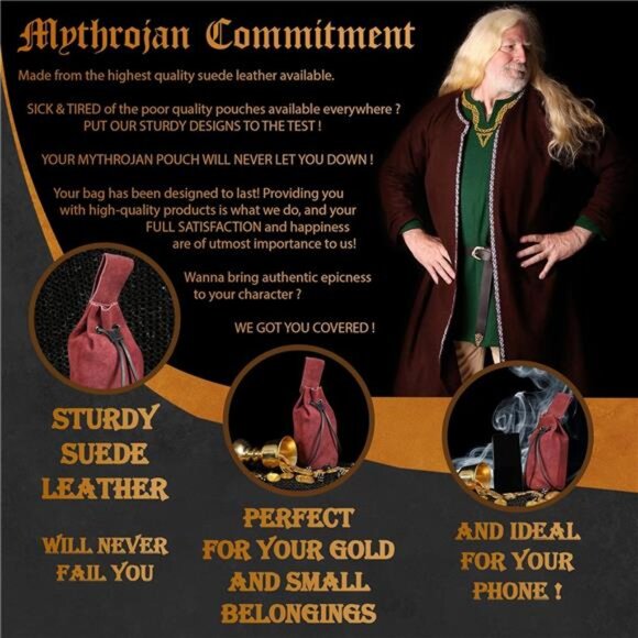 Mythrojan Medieval Drawstring Belt Bag, Ideal for SCA LARP Reenactment & Ren - Picture 3 of 7